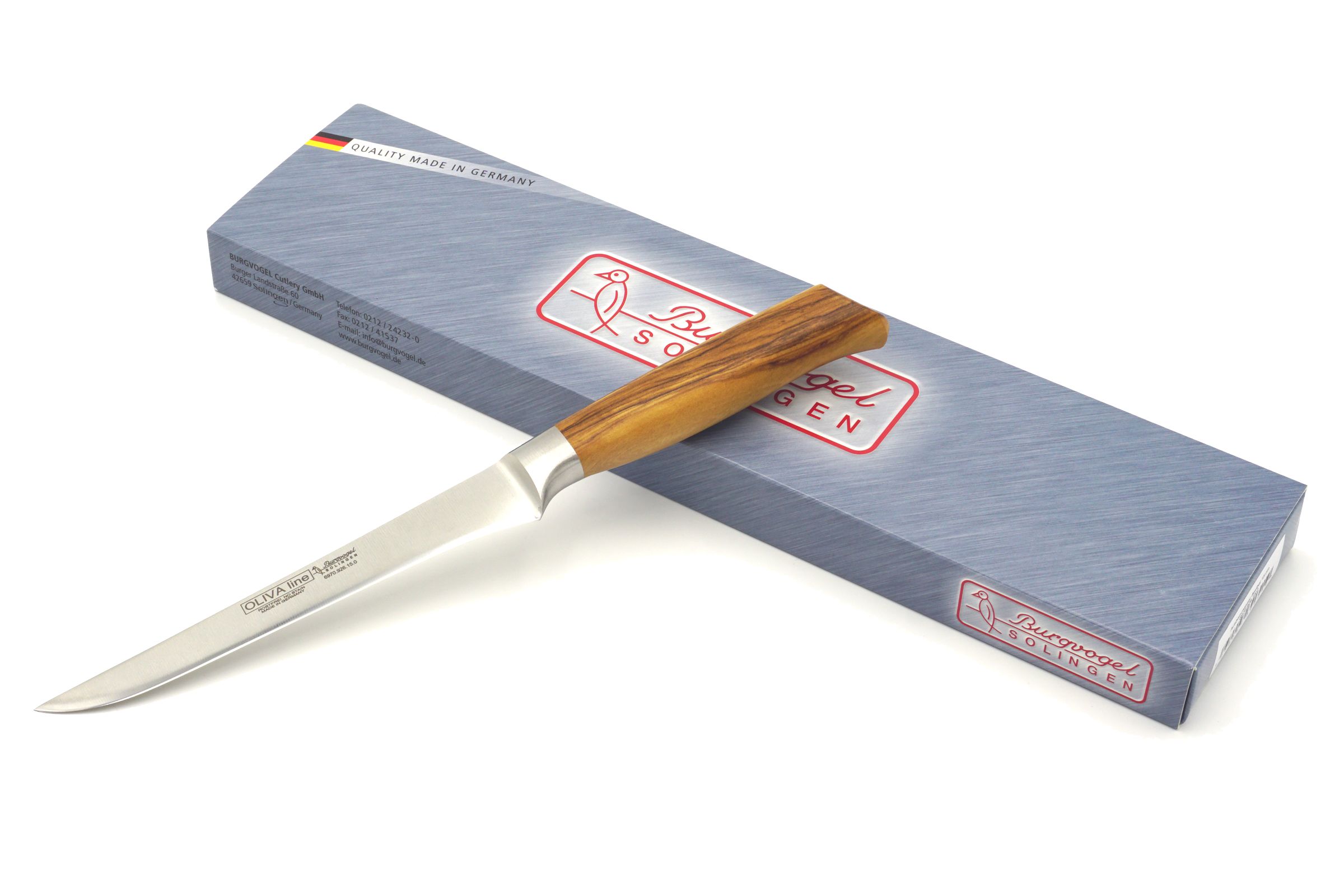 Burgvogel OLIVA Line Ausbeinmesser, flexibel - Klinge: 15 cm - Produktansicht mit Verpackung