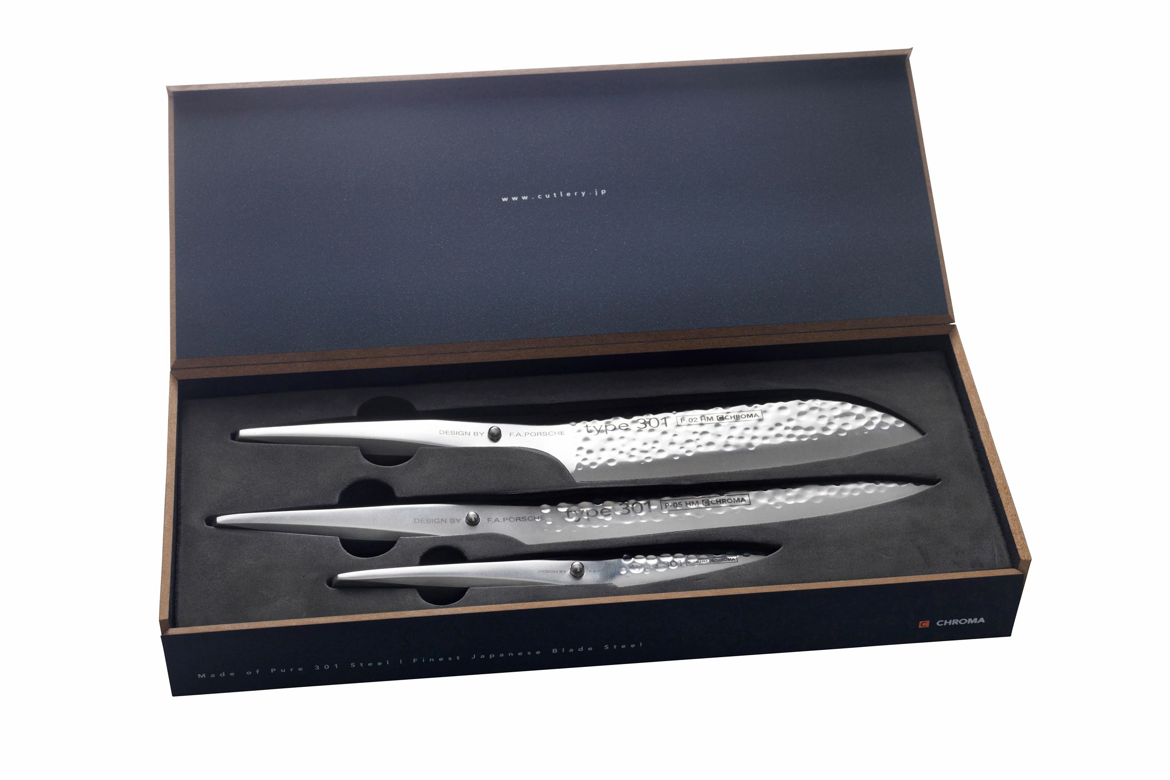 CHROMA Type 301 hammered - 3-teiliges Messer-Set - Santoku, Tranchiermesser, Schälmesser - Produktansicht