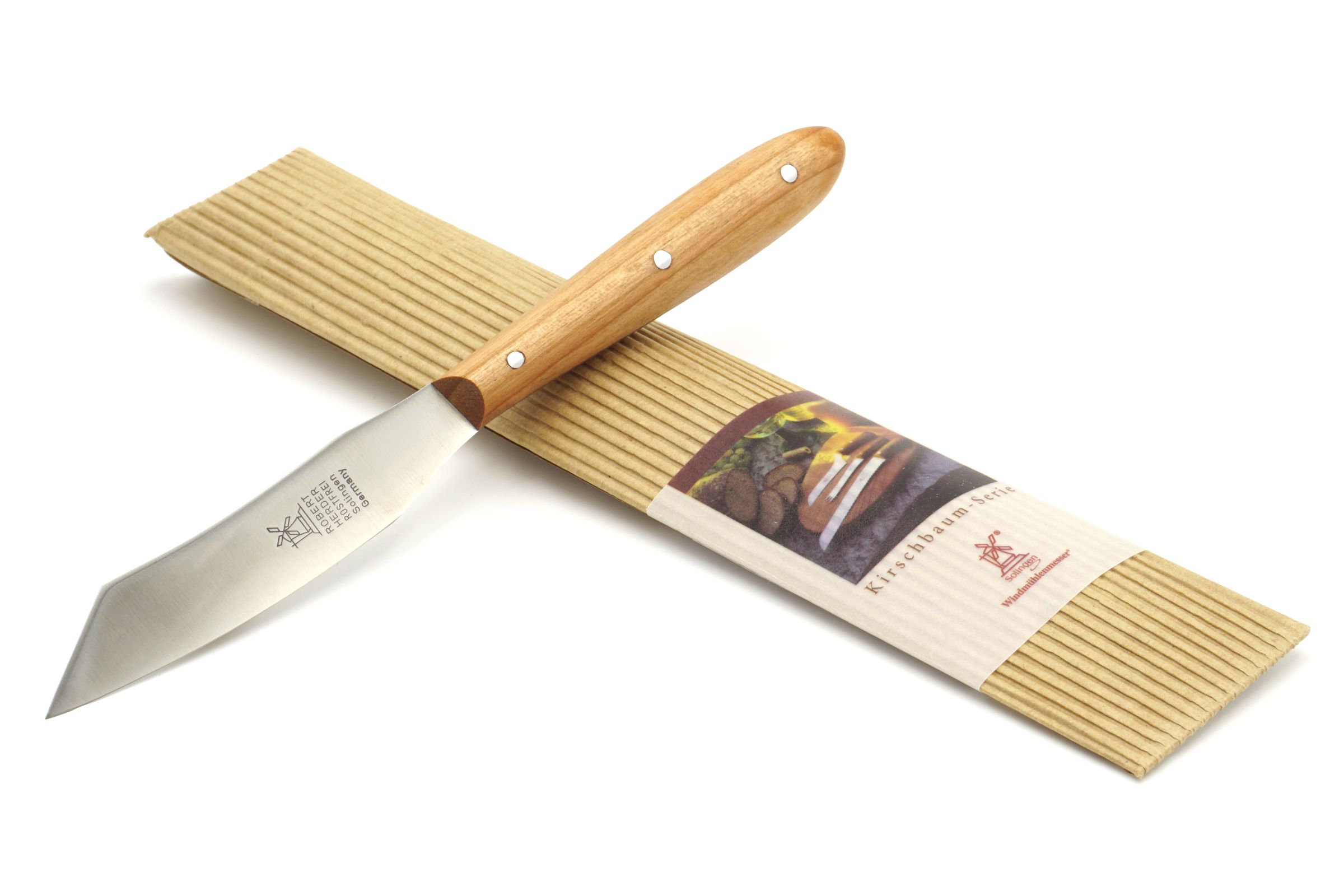 Windmühlenmesser Obst- und Kräutermesser Mini-Yatagan - Griff: Kirsche - Produktansicht mit Verpackung