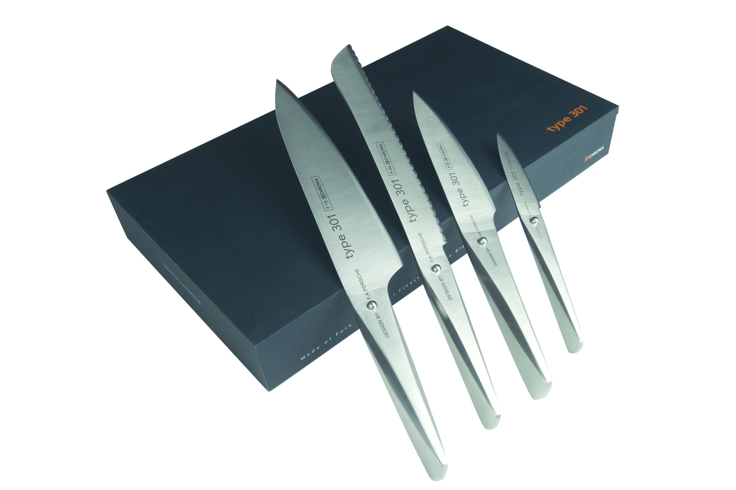 CHROMA Type 301 - 5-teiliges Messer-Set - Kochmesser, Brotmesser, kleines Kochmesser, Schälmesser - Übersicht