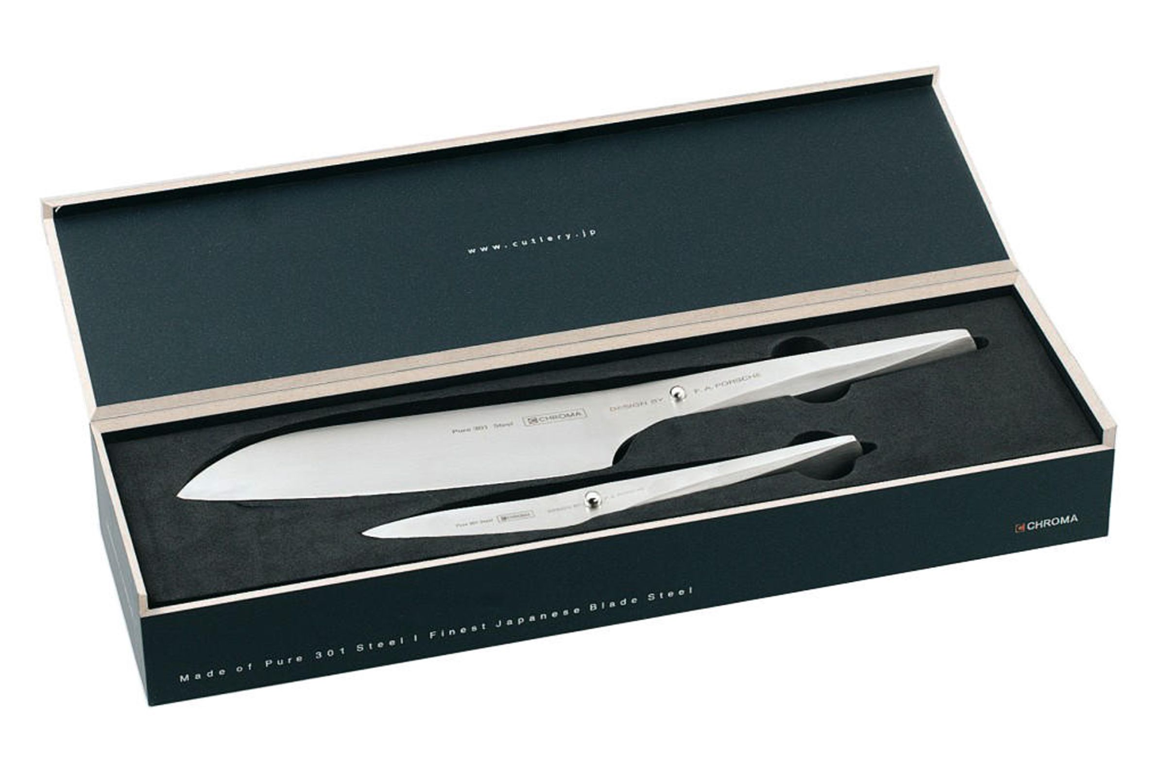 CHROMA Type 301 Messer-Set - Santoku und Schälmesser - 2 teilig - Produktansicht mit Verpackung